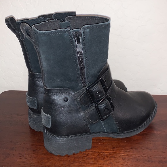 UGG SIZE 6 WILDE BLACK LEATHER/SUEDE BLACK WATERPROOF BIKER MOTO BOOTS - Picture 3 of 11